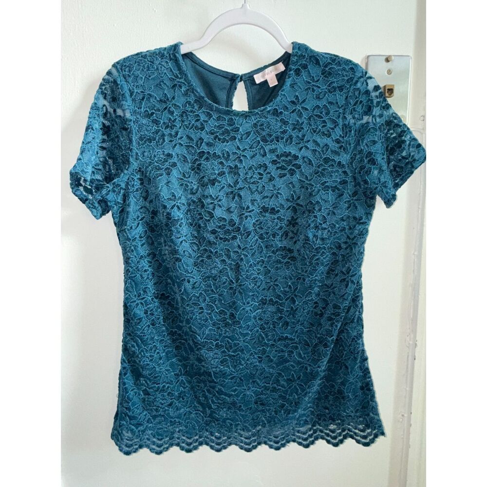 Teddi Rose Teal Blue Floral Lace Top Blouse Size S Short Sleeve Scallop Keyhole